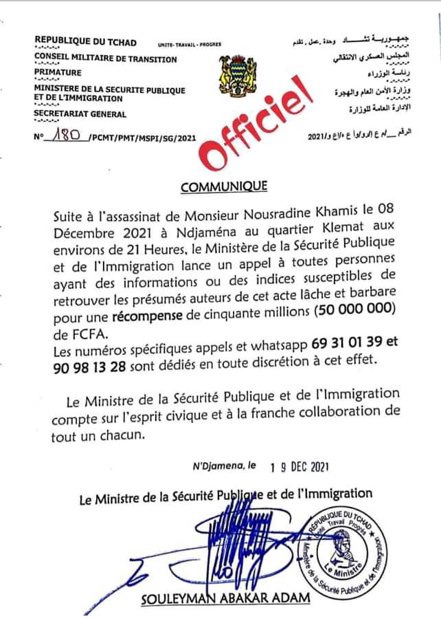 TCHAD : LE MINISTÈRE DE LA SÉCURITÉ PUBLIQUE ET DE L'IMMIGRATION MET 50 MILLIONS EN JEU POUR RETROUVER LES PRÉSUMÉS AUTEURS ASSASSINS D'UN CONCITOYEN 